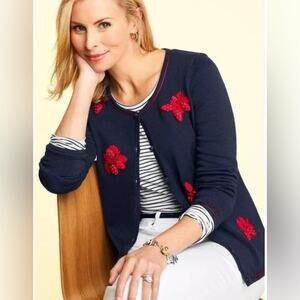 Talbots Navy Blue Cotton Cardigan with Red Strawberries, XS, Preloved, Excellent